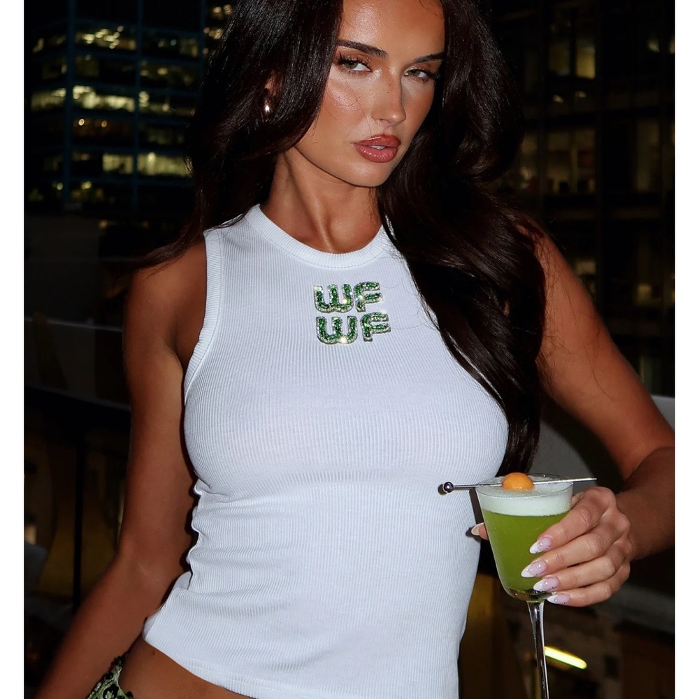 White Fox Boutique White Tank Top with Green Detailing